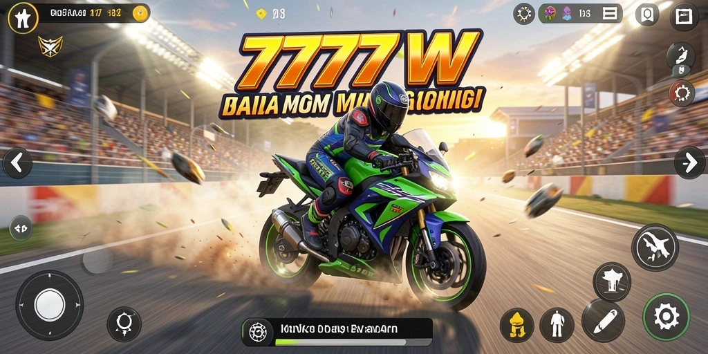 Tampilan gameplay seru dalam 7777W dengan berbagai motor dan lintasan.
