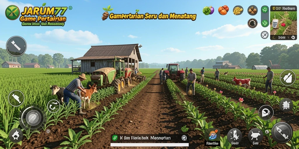 Screenshot gameplay JARUM77 menampilkan pertanian yang subur dan beragam tanaman.