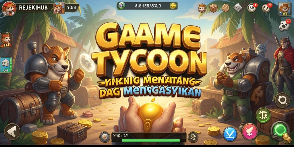 Tampilan gameplay REJEKIHUB yang menampilkan aktivitas manajemen bisnis.