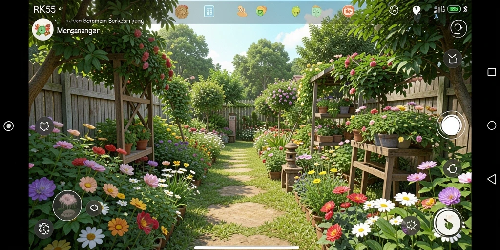 Tangkapan layar gameplay RK55 menampilkan aktivitas berkebun yang menarik.