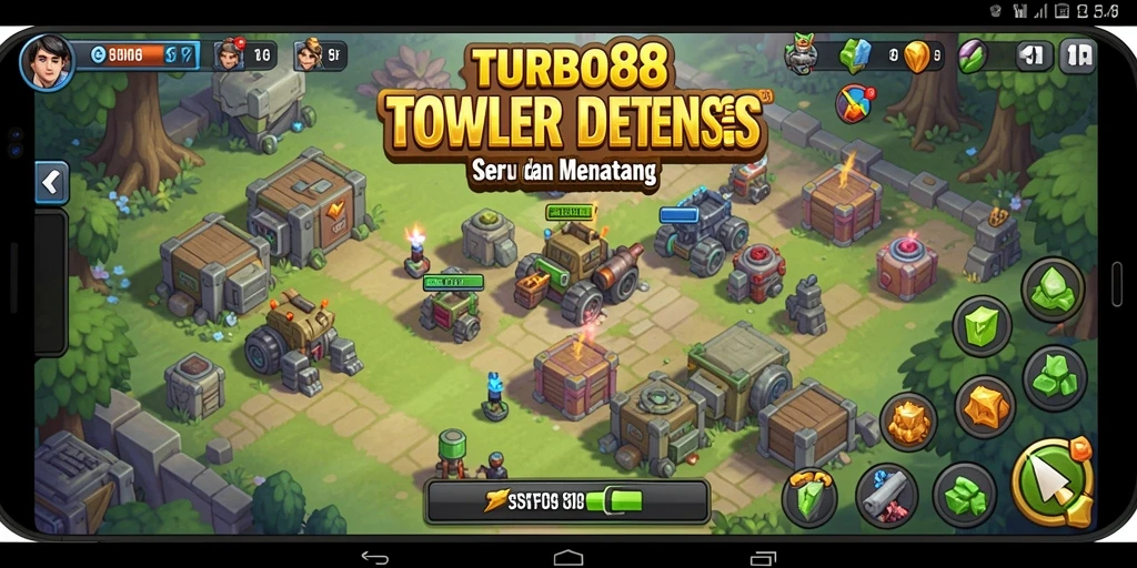 Tampilan gameplay TURBO88 dengan berbagai tower yang strategis.